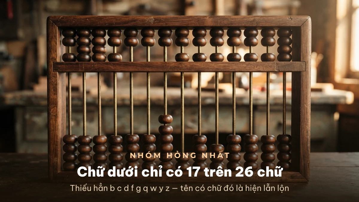 Chữ dưới thiếu 9 chữ trong bảng mã Chữ dưới chỉ có 17 trong 26 chữ cái, thiếu 9 chữ