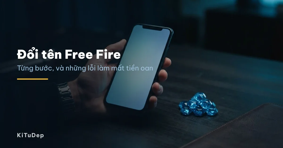 Điện thoại mở Free Fire cạnh xấp kim cương, minh hoạ các bước đổi tên