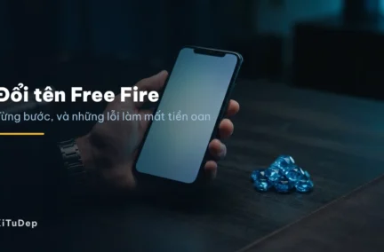 Điện thoại mở Free Fire cạnh xấp kim cương, minh hoạ các bước đổi tên