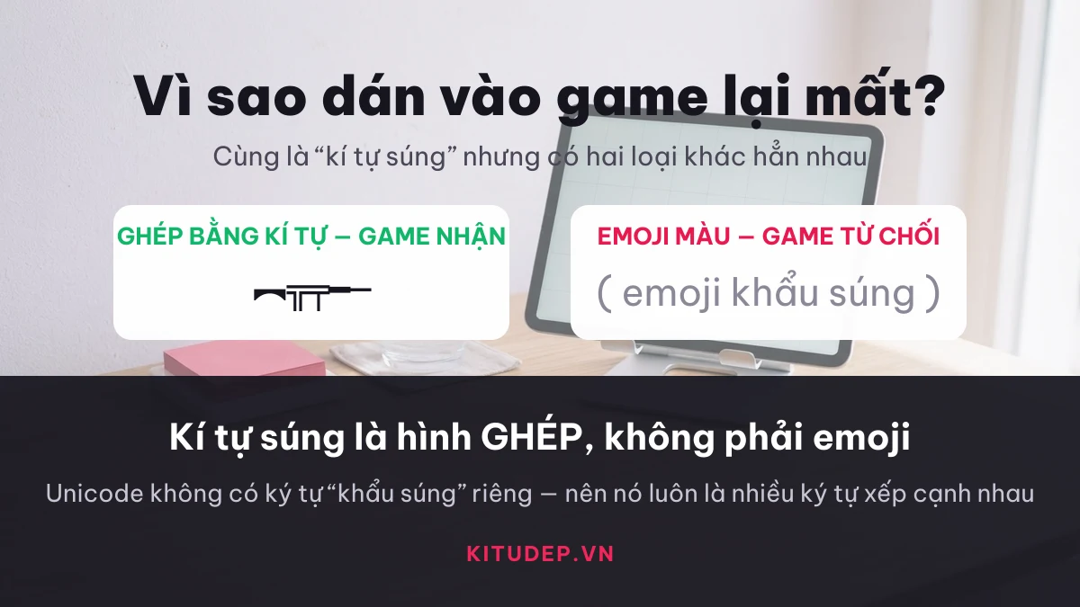 Kí tự súng là hình ghép từ nhiều ký tự, khác với emoji khẩu súng