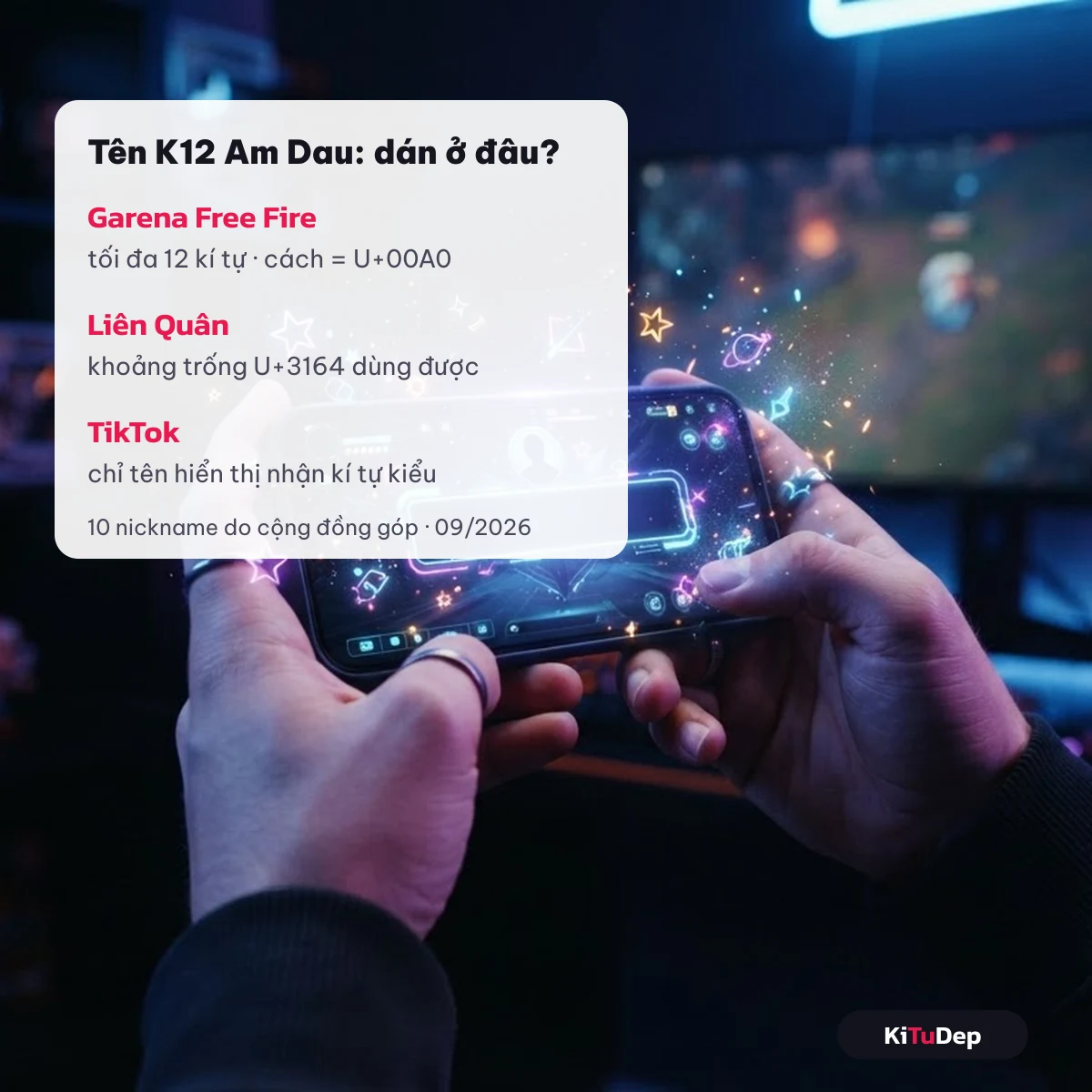 Tên K12 Am Dau dán vào Garena Free Fire, Liên Quân và tên hiển thị TikTok